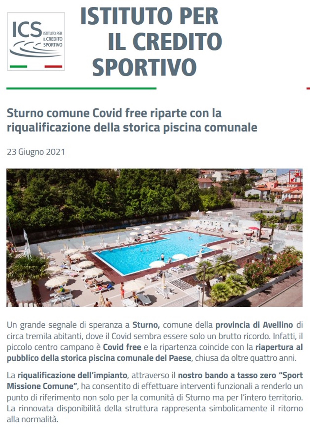 Sturno comune Covid free riparte con la riqualificazione della storica piscina comunale 